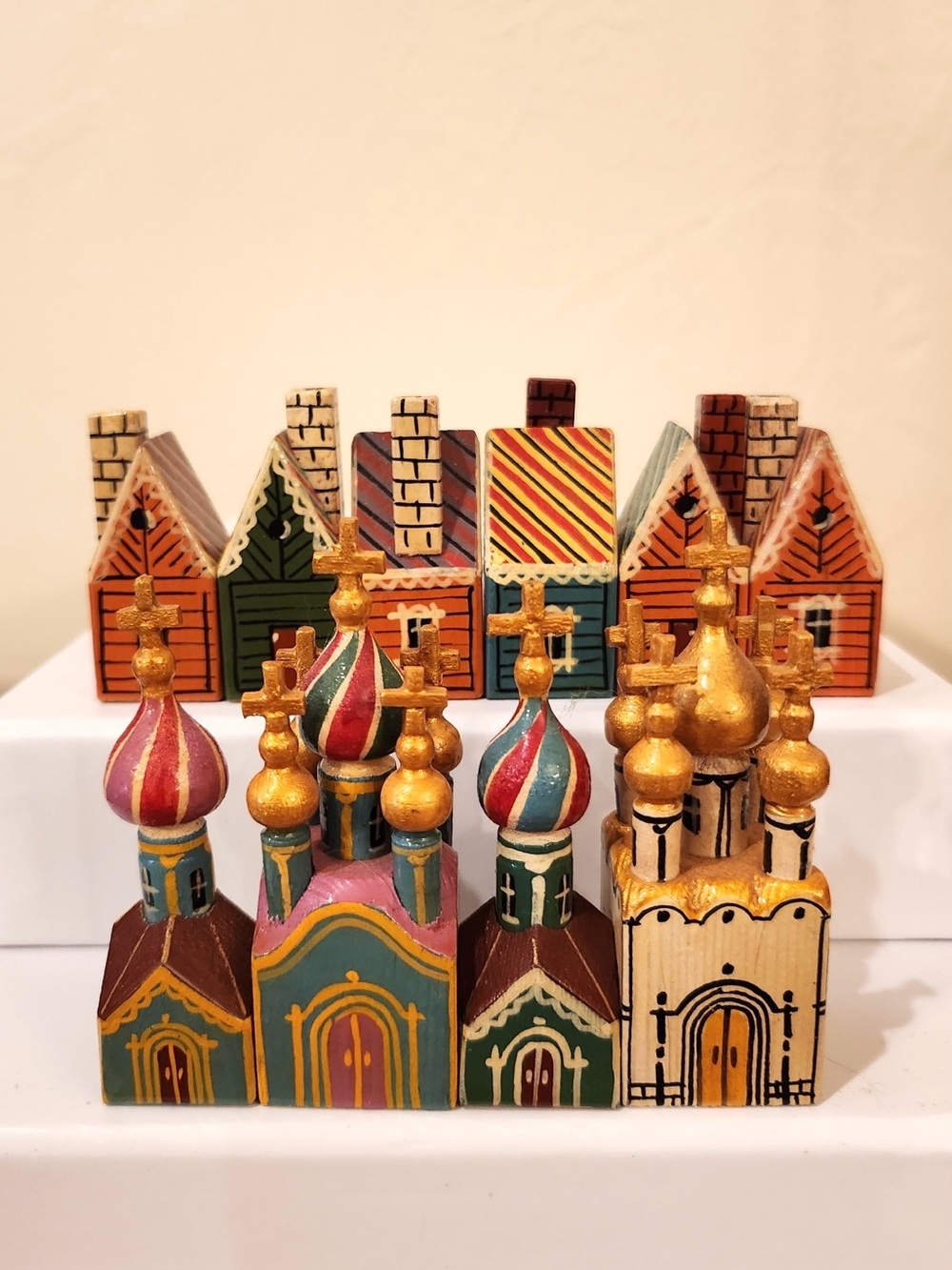 10 pc. Incredible Vintage Hand Painted Wood Russian Churches & Village Folk Art